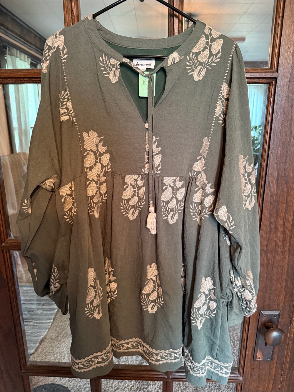 &merci Olive Green Embroidered Floral Babydoll Tunic Top Long Sleeve Large